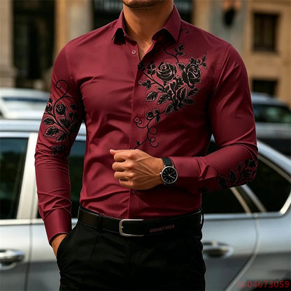 2026 New Men's Shirt with Rose Print, Long Sleeve, Slim Fit, Wrinkle-Free, Business Casual White Shirt, Trendy Men's Shirt