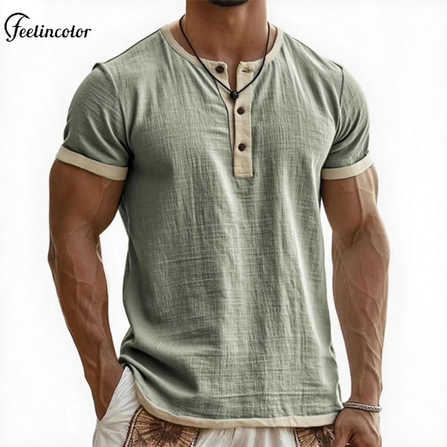 Men's Linen Cotton Patchwork T-shirk Summer Casual Short-sleeved Shirt Comfortable Breathable Top Round Collar Male Clothing