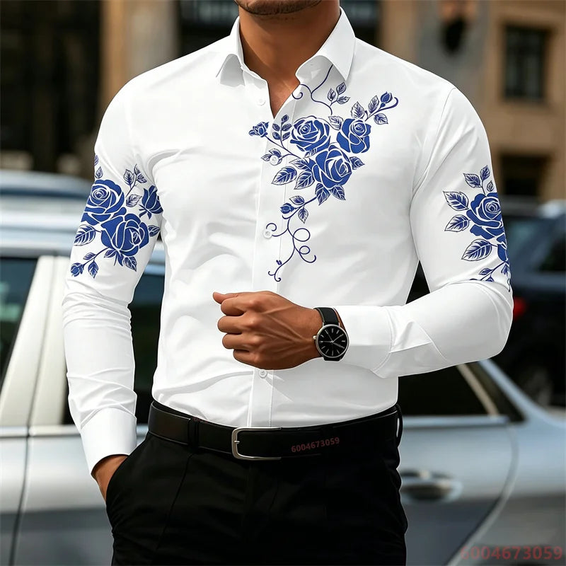 2026 New Men's Shirt with Rose Print, Long Sleeve, Slim Fit, Wrinkle-Free, Business Casual White Shirt, Trendy Men's Shirt