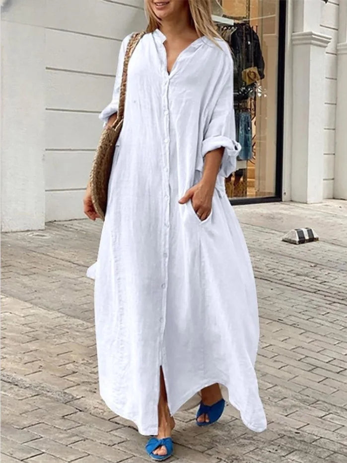Women's Clothing Casual Pocket Shirt Collar Long Skirt Casual Cotton Linen Dress