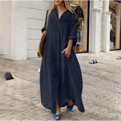 Women's Clothing Casual Pocket Shirt Collar Long Skirt Casual Cotton Linen Dress