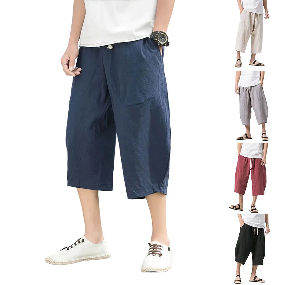 Men Loose Thin Cotton Linen Casual Trousers Calf-length Sweatpants Men's Clothing Fashion Solid Color Harem Pants