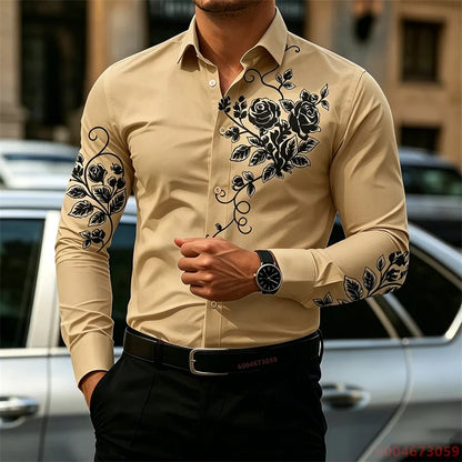 2026 New Men's Shirt with Rose Print, Long Sleeve, Slim Fit, Wrinkle-Free, Business Casual White Shirt, Trendy Men's Shirt
