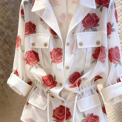Women's Shirts Blouse Design Sense Rose Printed White Shirt 2026 Summer New Long Sleeve Waist Strap Collar Style Top