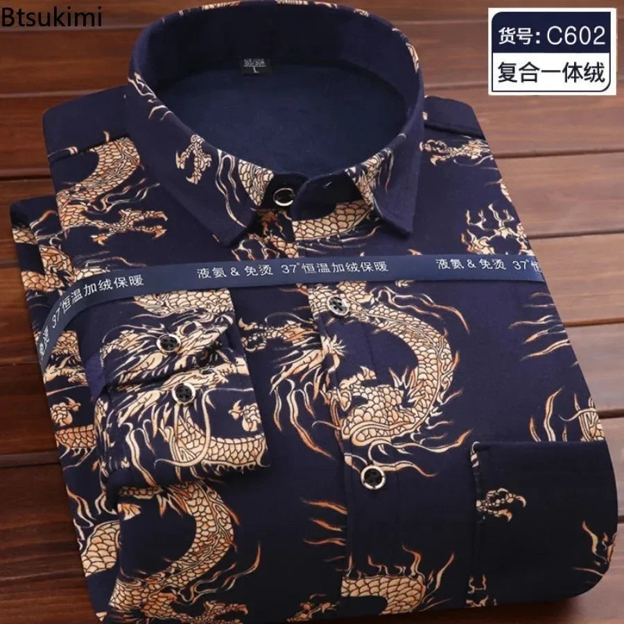 2026 Men's Wedding Party Warm Shirts Autumn Winter Oversized Casual Dress Office Business Fleece Shirts Male Casual Warm Shirts