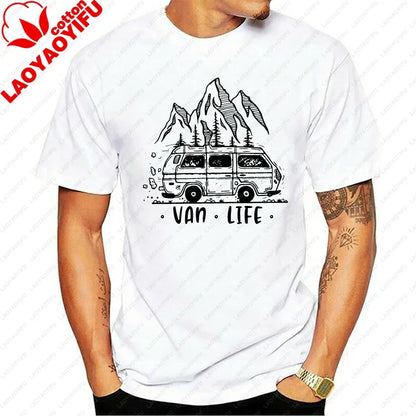 Men Clothing  Van Life Ladies Camping Printed T-Shirt Male Designing T Shirt Top Tee Vintage Outdoor Classic O-neck Woman Tshirt