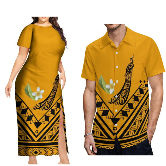 Tax Free New Design Fashion Couple Set Aloha Shirt For Men And Slit Long Skirt For Women Quality Dress Polynesian Island