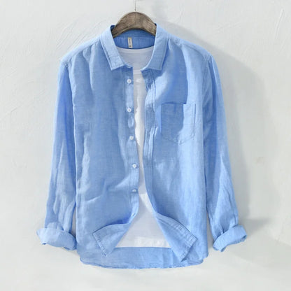 Mens Cotton Linen Shirt Breathable Casual Solid Colors Loose Turn-down Collar Long Sleeve Button Down Blouse Tops Shirts For Man