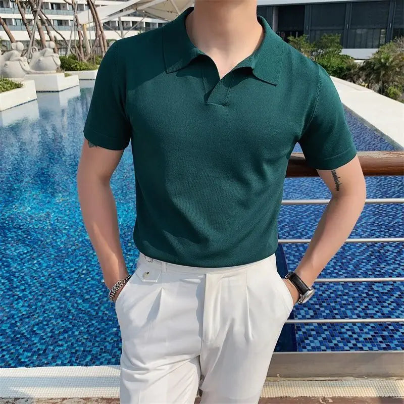 2023 Men's Clothing Light Luxury Knitted Polo Shirt Casual Soild V-Neck Solid Jacquard Short Sleeve T-Shirt Breathable M-4XL
