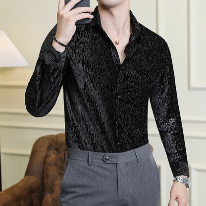 2024 Men's Shirts Luxury Shiny Velvet Social Shirts Autumn Winter Mens Dress Shirts Slim Long Sleeve Party Tuxedo Men Clothing