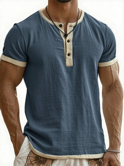 Men's Linen Cotton Patchwork T-shirk Summer Casual Short-sleeved Shirt Comfortable Breathable Top Round Collar Male Clothing