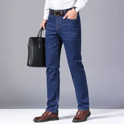 2025 men's fashion business jeans classic style casual elastic slim fit jeans men's denim pants black blue