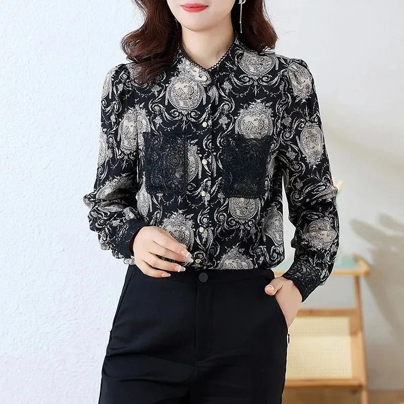Shirts for Women in Spring Autumn New Style Printed Satin Stylish Slim Fashion Commuting Simple