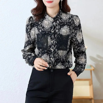 Shirts for Women in Spring Autumn New Style Printed Satin Stylish Slim Fashion Commuting Simple