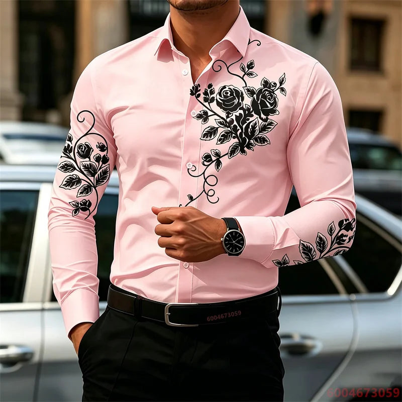 2026 New Men's Shirt with Rose Print, Long Sleeve, Slim Fit, Wrinkle-Free, Business Casual White Shirt, Trendy Men's Shirt