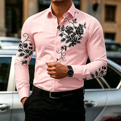2026 New Men's Shirt with Rose Print, Long Sleeve, Slim Fit, Wrinkle-Free, Business Casual White Shirt, Trendy Men's Shirt