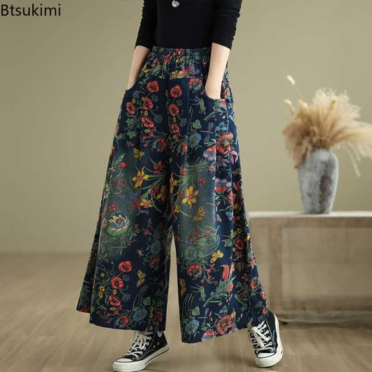 Women Jeans Vintage Floral Print Spring Wide Leg Pants Loose Fashion Ladies Oversized Trousers Elastic Waist Casual Denim Pants