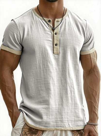 Men's Linen Cotton Patchwork T-shirk Summer Casual Short-sleeved Shirt Comfortable Breathable Top Round Collar Male Clothing