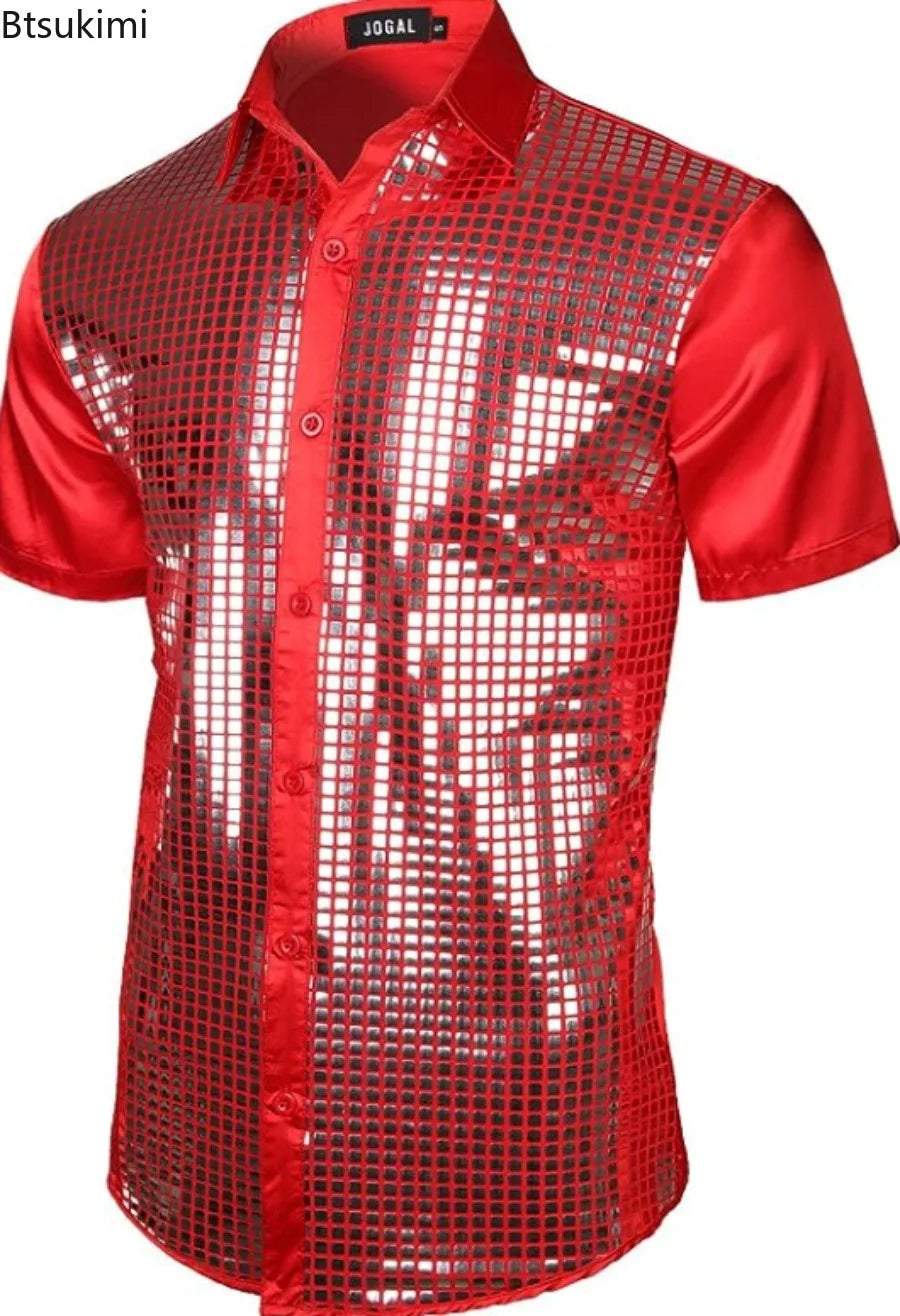 Men's Shiny Shirts Short Sleeve Shirts Nightclub Prom Disco Party Costume Button Blouse Casual Retro Cosplay Shirts Tops for Men