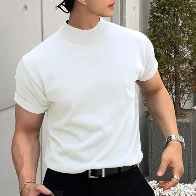 2025 Summer New AliExpress Men's Spot Korean Version Base Shirt Foreign Trade Solid Color Turtleneck Short Sleeves