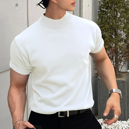 2025 Summer New AliExpress Men's Spot Korean Version Base Shirt Foreign Trade Solid Color Turtleneck Short Sleeves