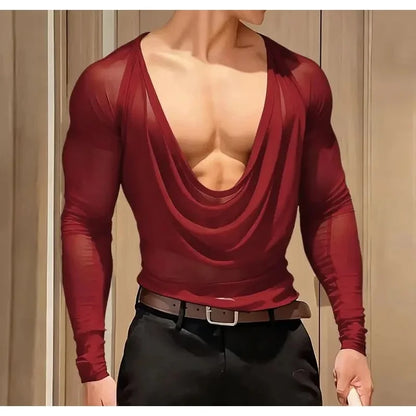 Men T Shirt Mesh See Through Sexy Long Sleeve Casual Male Tee Tops Party Nightclub Streetwear Fashion Men Clothing S-5XL