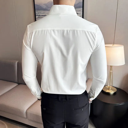 Men Dress Shirt 2025 Autumn Long Sleeve Camisas Business Fashion Shirt Male Solid British Style White Black Shirt Men Clothing