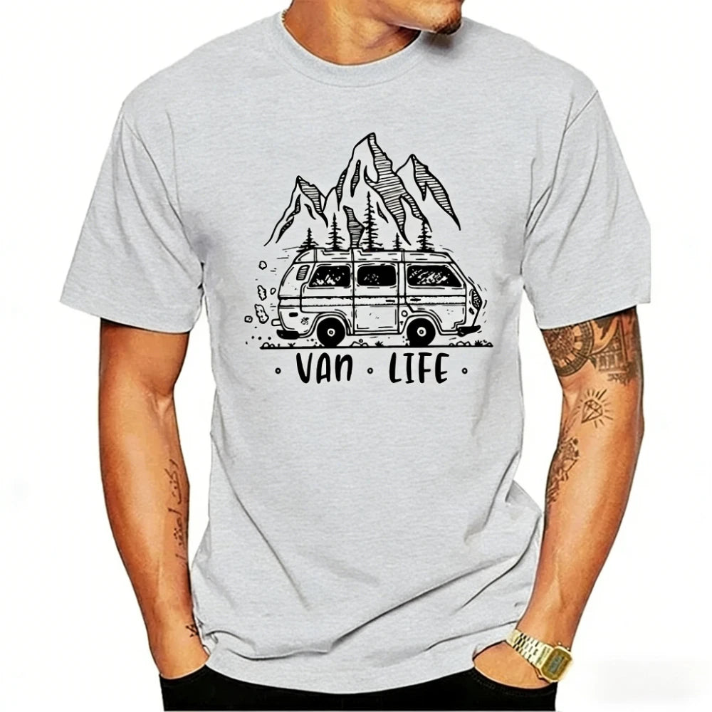 Men Clothing  Van Life Ladies Camping Printed T-Shirt Male Designing T Shirt Top Tee Vintage Outdoor Classic O-neck Woman Tshirt