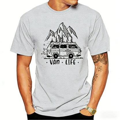 Men Clothing  Van Life Ladies Camping Printed T-Shirt Male Designing T Shirt Top Tee Vintage Outdoor Classic O-neck Woman Tshirt