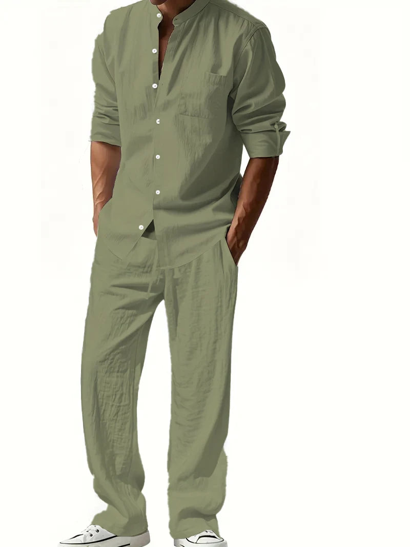 Men's Cotton Linen Shirt and Pants Set Breathable Comfortable Casual Two Piece Outfit Summer Style