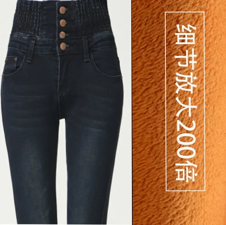 Winter Warm Thick Fleece Woman's Jeans with High Waist Mom Jeans for Women Jean Femme Cloth Black