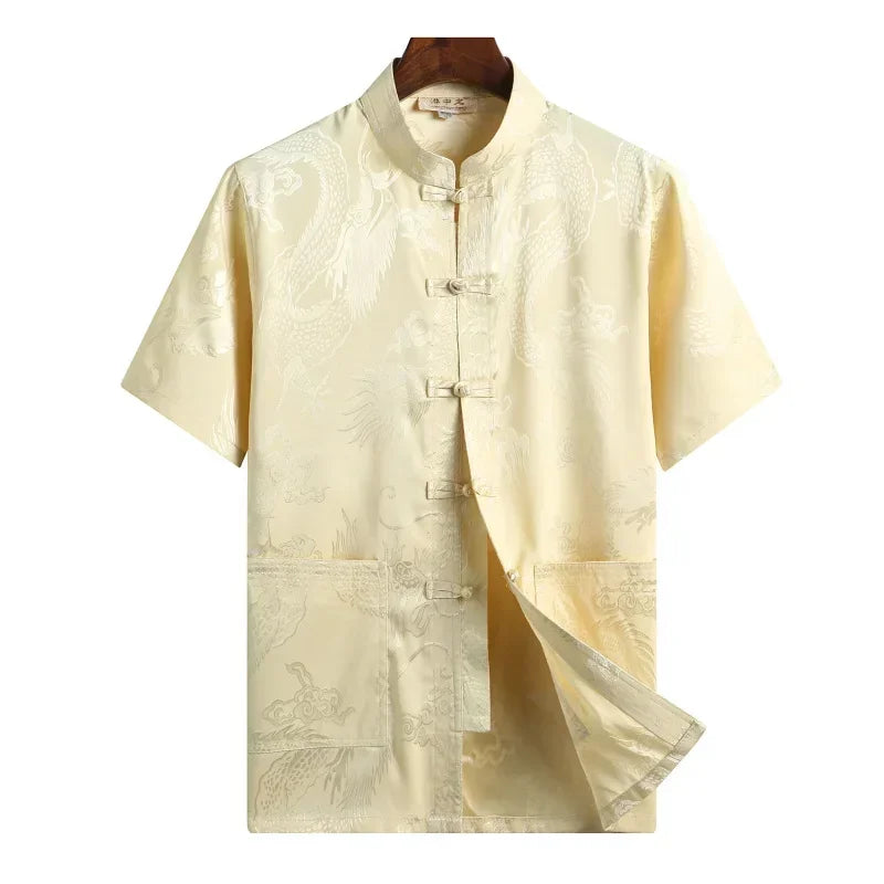 Traditional Chinese Clothing for Men Red Tang Suit Hanfu Short Sleeve Shirt Vintage Kung Fu China Tops Embroidery Clothes