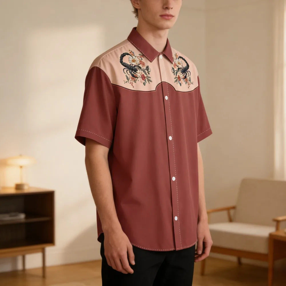 Men's Fashion Casual Shirt with Musical & Floral Design Short Sleeve Button Up Shirt Retro Hawaiian Inspired Summer Shirt