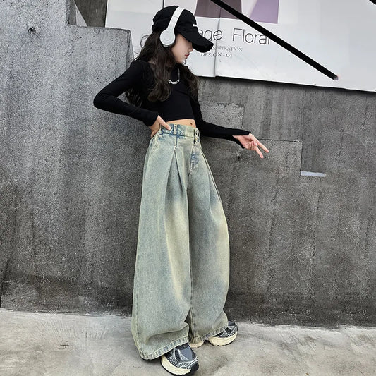 4-14 kid Girls jeans Spring Autumn 2024 junior children westernized street wide leg pants Korean versatile long trousers clothes