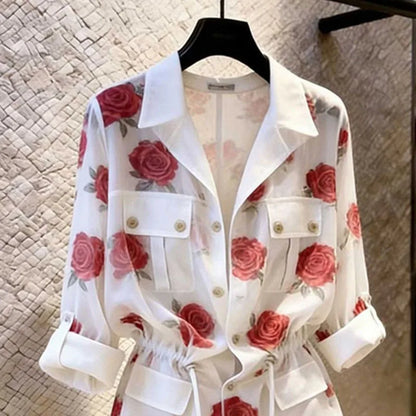 Women's Shirts Blouse Design Sense Rose Printed White Shirt 2026 Summer New Long Sleeve Waist Strap Collar Style Top