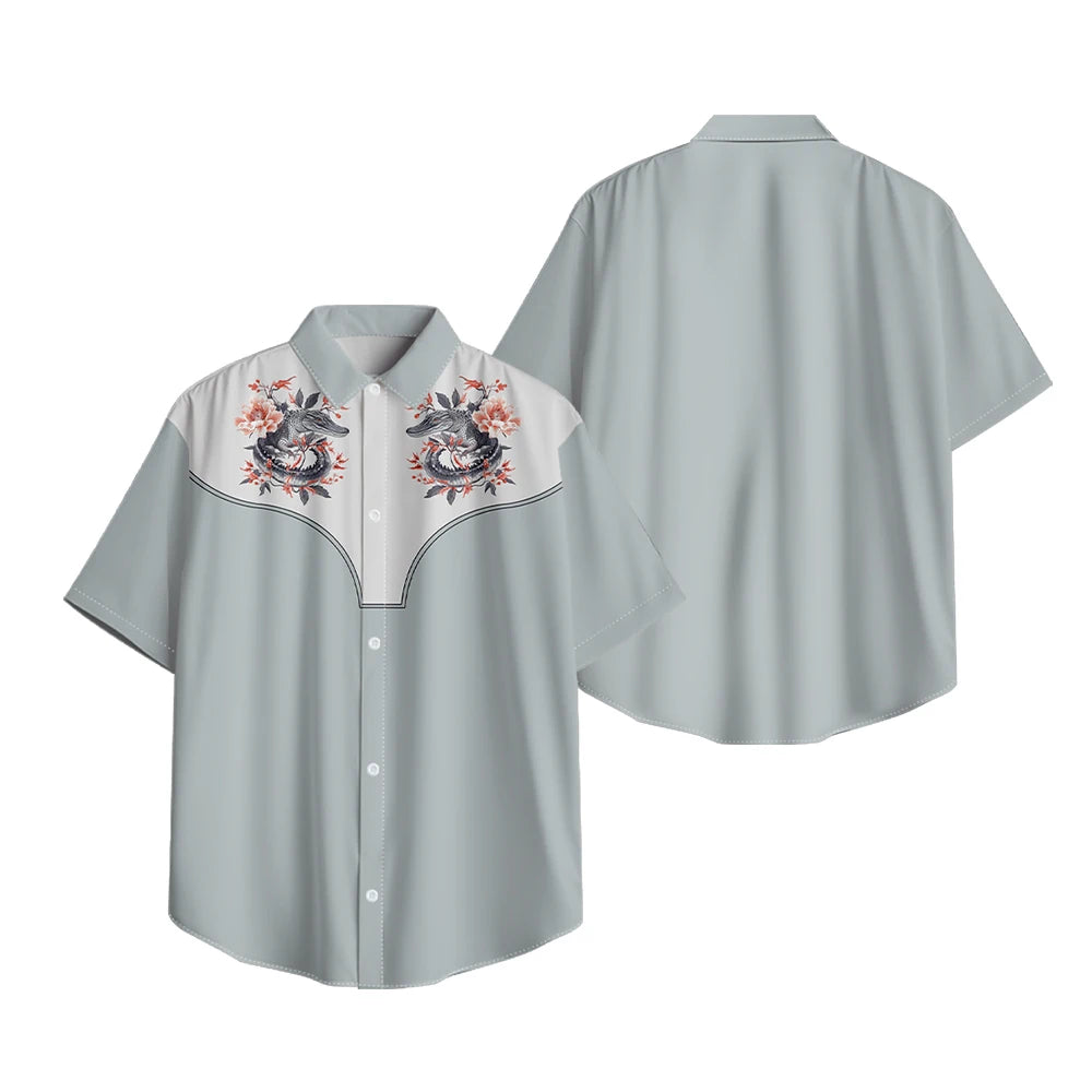 Men's Fashion Casual Shirt with Musical & Floral Design Short Sleeve Button Up Shirt Retro Hawaiian Inspired Summer Shirt
