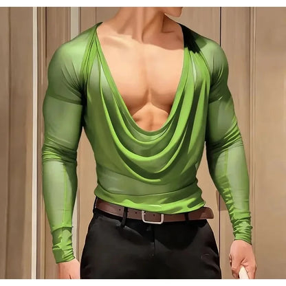 Men T Shirt Mesh See Through Sexy Long Sleeve Casual Male Tee Tops Party Nightclub Streetwear Fashion Men Clothing S-5XL