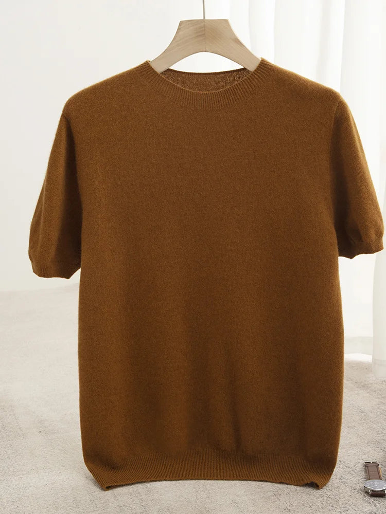 Men Classical T-shirt 100% Merino Wool Sweater O-neck Short Sleeve Pullover Smart Casual Basic Clothing Cashmere Knitwear Tops