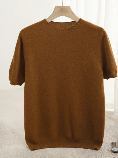 Men Classical T-shirt 100% Merino Wool Sweater O-neck Short Sleeve Pullover Smart Casual Basic Clothing Cashmere Knitwear Tops