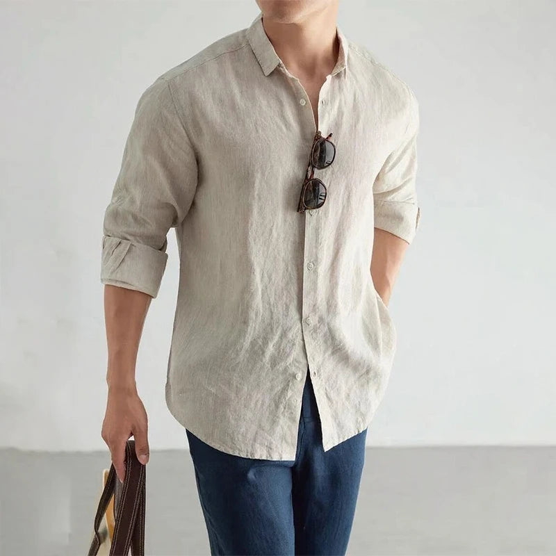 Men's Casual Fashion Shirt Long Sleeve 100% Linen Cotton T-shirts Black White Tops Clothing Plus Size Classic Baggy Shirts Men