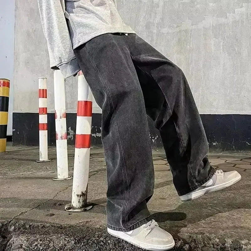 2026 New Streetwear Loose Jeans Men Korean Style Fashion Loose Straight Wide Leg Pants Men's Brand Clothing Black Light Blue