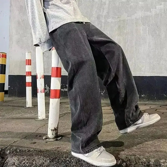 2026 New Streetwear Loose Jeans Men Korean Style Fashion Loose Straight Wide Leg Pants Men's Brand Clothing Black Light Blue