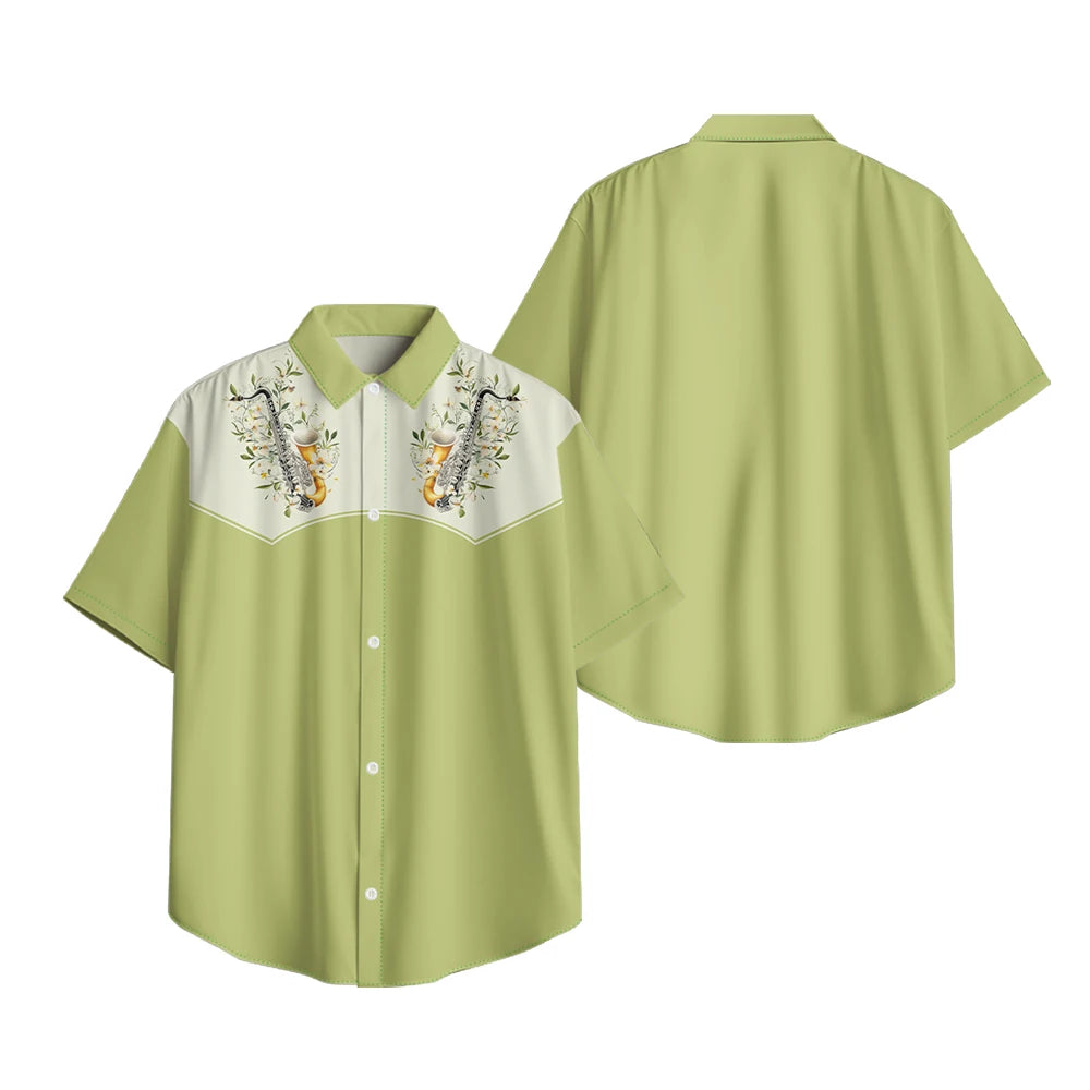 Men's Fashion Casual Shirt with Musical & Floral Design Short Sleeve Button Up Shirt Retro Hawaiian Inspired Summer Shirt