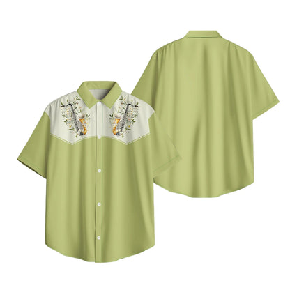 Men's Fashion Casual Shirt with Musical & Floral Design Short Sleeve Button Up Shirt Retro Hawaiian Inspired Summer Shirt