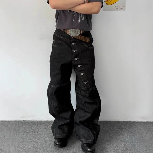 Wide-leg Floor-dragging Jeans Niche Retro Long Row of Buttons Man Loose Casual Fashionable Comfortable Cool Personality