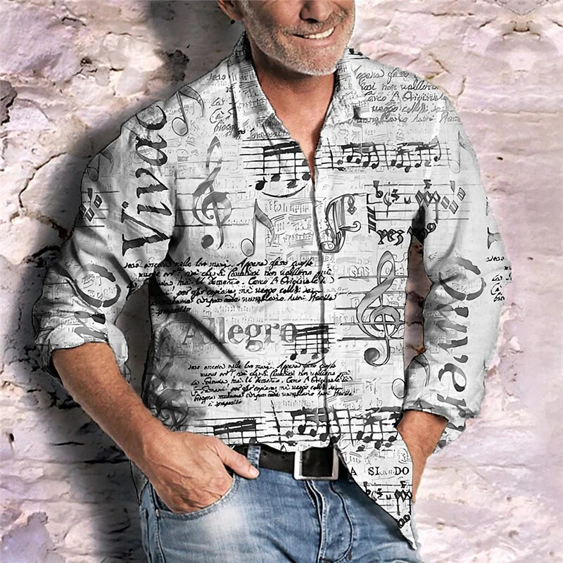 Music Shirt New Color Newspaper Text Creative Fashion Lapel Button Long Sleeve Casual Luxury Comfortable Soft Material 2023