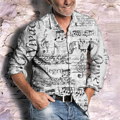 Music Shirt New Color Newspaper Text Creative Fashion Lapel Button Long Sleeve Casual Luxury Comfortable Soft Material 2023