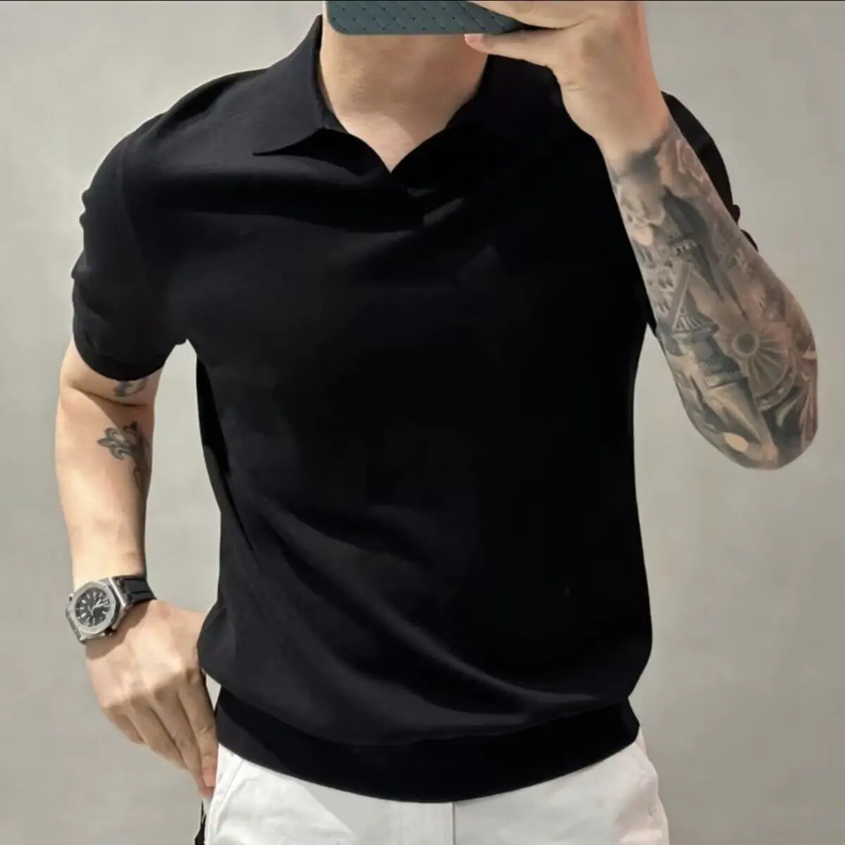 2023 Men's Clothing Light Luxury Knitted Polo Shirt Casual Soild V-Neck Solid Jacquard Short Sleeve T-Shirt Breathable M-4XL