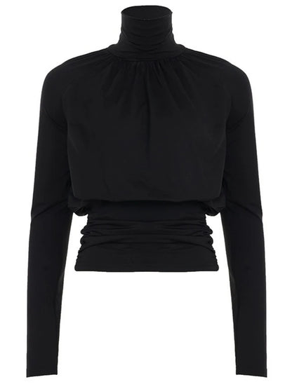 Solid Black T Shirts For Women Elegant Clothes Turtleneck Camisetas Lady Tops Long Sleeve Ropa De Mujer Shirring Feminist Shirt