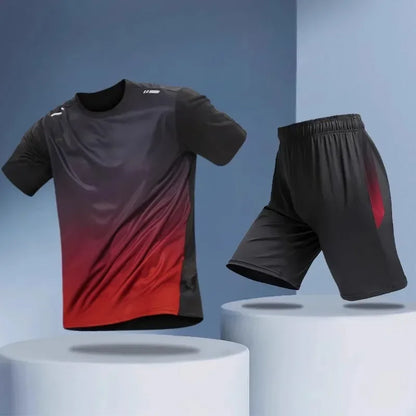 Men's sportswear, ice silk short sleeves and shorts running clothes, men's table tennis and badminton wear gradient T-shirt